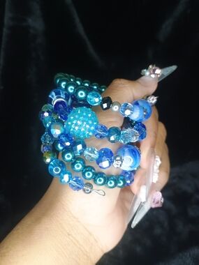 Handmade Blue Beaded Memory Wire Bracelet Stack - Custom Made